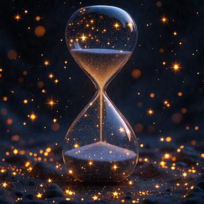The primary subject of the image is a large, lit-up hourglass. The hourglass is placed on a dark surface, which contrasts with the brightly lit sand inside. The hourglass is surrounded by a starry background, adding a sense of depth and intrigue to the scene. The visual style of the image is a combination of a photo and digital art, creating a unique and captivating display. The colors and mood of the image are predominantly dark and mysterious, with the brightly lit hourglass serving as the focal point and source of light in the scene.